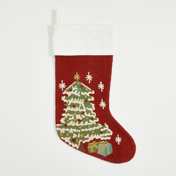 Pottery Barn Crewel Red Christmas Tree Stocking - Picture 1 of 3
